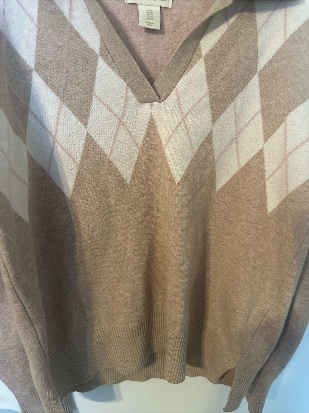 Cynthia Rowley Taupe Argyle Collared Sweater - Picture 2 of 4